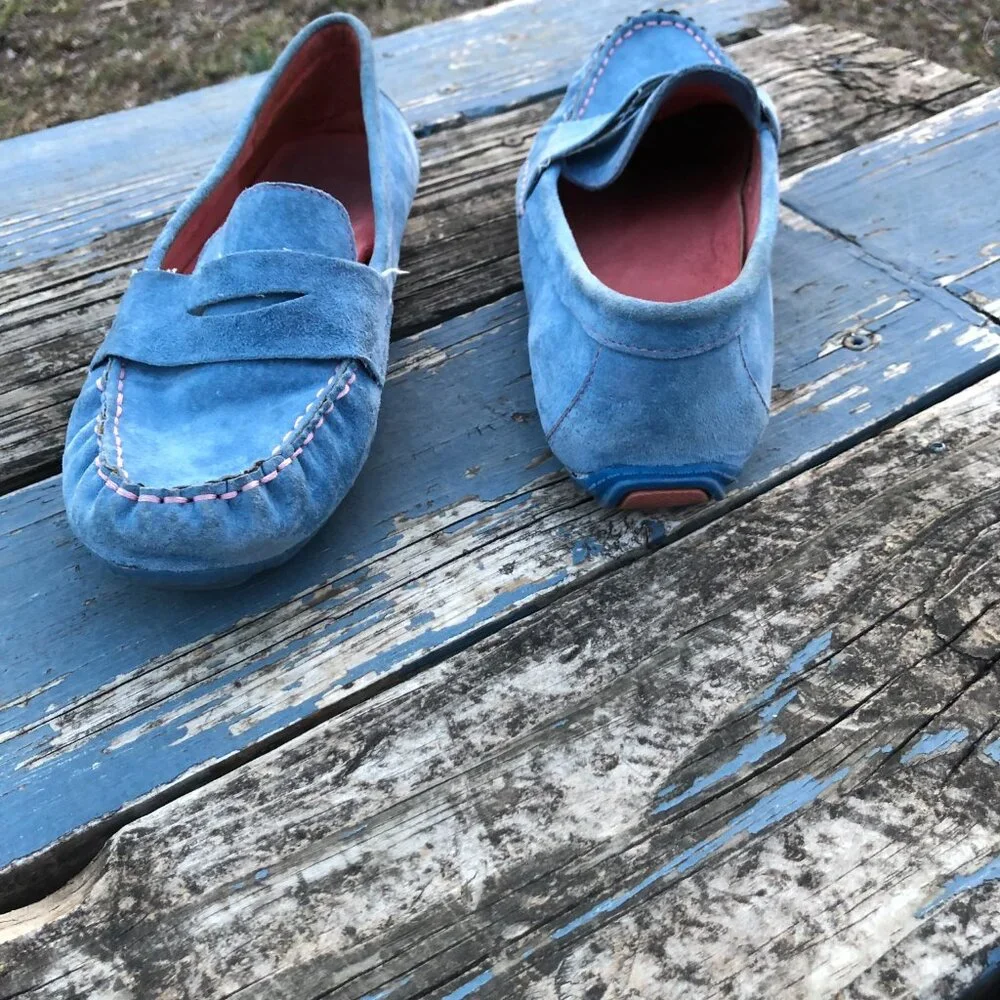 Womens Blue Suede Penny Loafers Moccasins, Size 9.5M
